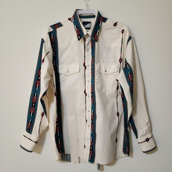 Vtg Wrangler Mens Long Sleeve Pearl Snap Western Shirt Cotton Ivory Navajo Sz XL - Picture 2 of 10